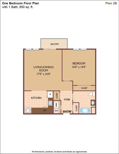 Floor plan for 1 bed, 1 bath, 850 sqft